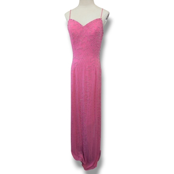 Vintage 90s Y2K Mystique Beaded Chiffon Pink Formal Evening Gown - Picture 1 of 17